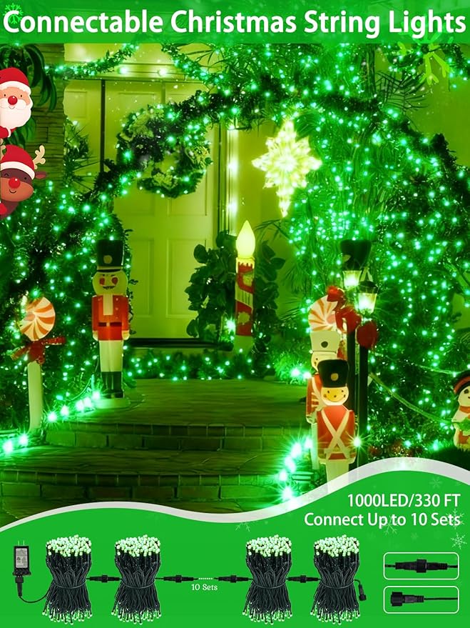 2-Pack 66FT 200 LED St. Patrick's Day Lights 13 Modes Extendable Christmas Tree Lights with Timer &amp Memory Waterproof Twinkle Fairy Lights Green Wire Outdoor String Lights Indoor for Xmas (Green