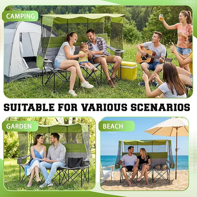 3 Person Beach Camping Chair with Canopy Shade Oversized Folding Loveseat 700lbs Heavy Duty Couch with Cup Holder Carry Bag for Lawn Outdoor Beach(Blue and Grey Canopy Camp Chair)