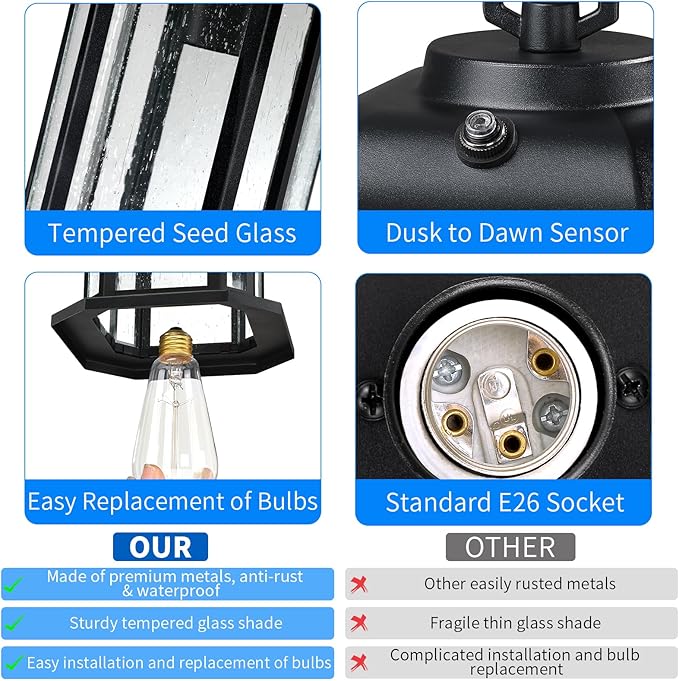 13.4'' Dusk to Dawn Outdoor Pendant Lights for Porch Black Hanging Porch Light with Seeded Glass Waterproof Outdoor Chandelier Farmhouse Ceiling Light Fixture Lanterns 1Pack