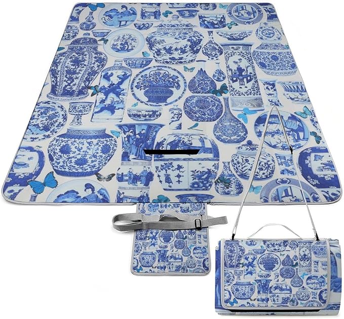 Blue and White Folk Chinese Chinoiserie Style Waterproof Outdoor Picnic Blanket Sandproof Beach Mat for Camping Hiking Grass Travelling