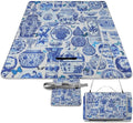 Blue and White Folk Chinese Chinoiserie Style Waterproof Outdoor Picnic Blanket Sandproof Beach Mat for Camping Hiking Grass Travelling
