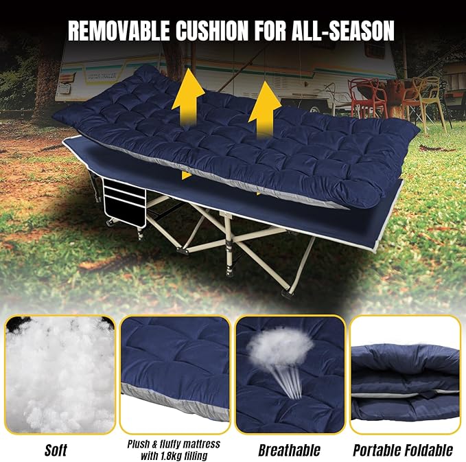 YELLOW JACKET Folding Camping Cot for Adults600LBS Max Load28 Wide Sleeping Cot with Removable Thick Mattress Portable Foldable Camping Bed with Carry Bag for CampHomeOfficeTravelBlue