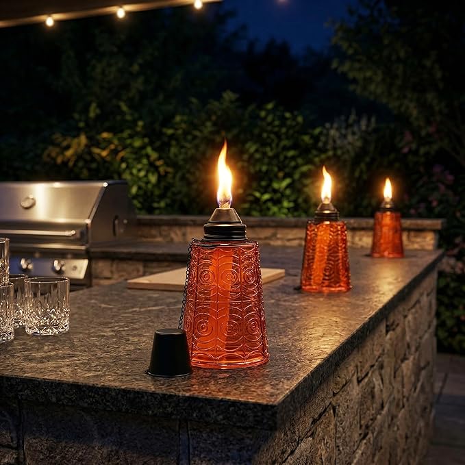 Seraphic Citronella Table Top Torches for Outdoor Patio 16oz Decorative Glass Torch Citronella Candles for Outside Deck Garden Parties Set of 3 Amber