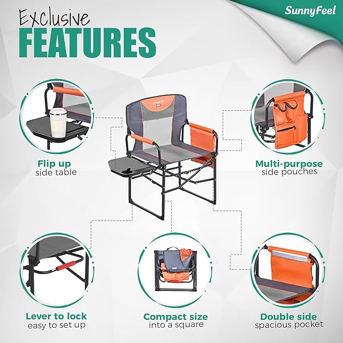 SUNNYFEEL Camping Directors Chair Heavy DutyOversized Portable Folding Chair with Side Table Pocket for Beach FishingTripPicnicLawnConcert Outdoor Foldable Camp Chairs