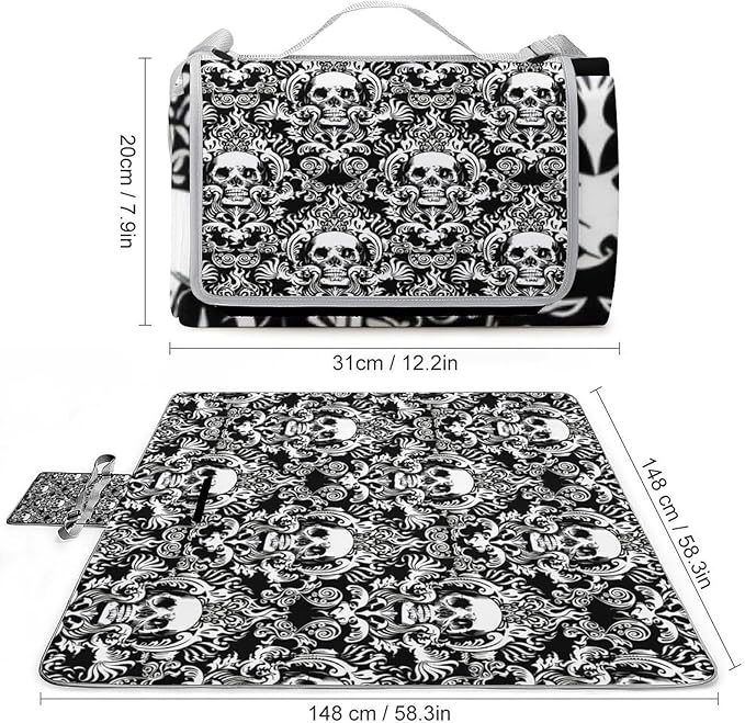 Gothic Skulls Damask Style Black White Waterproof Outdoor Picnic Blanket Sandproof Beach Mat for Camping Hiking Grass Travelling