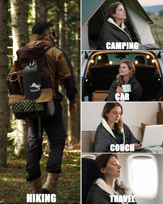 Heated Blanket Battery Operated with Detachable Hood for Camping 12V Cordless Wearable Blanket with 15000mAh Battery Camping Blanket Throw Shawl Indoor Outside(Black)