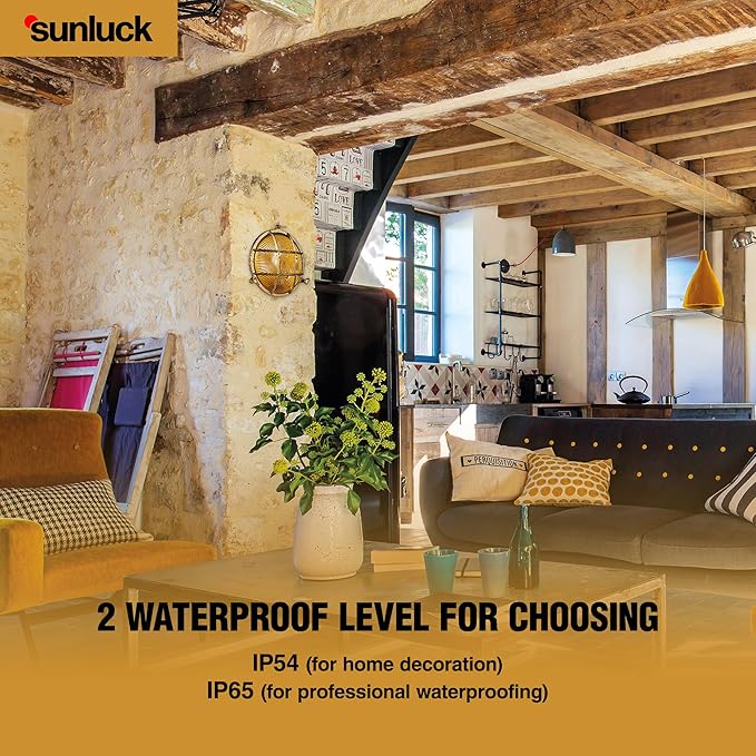 Sunluck Brass Bulkhead Light Grid Round Nautical Wall LampshadeCeiling MountSauna Light Waterproof IP54Rust ResistantDecoration CafeBarPorchesPatiosRestaurants