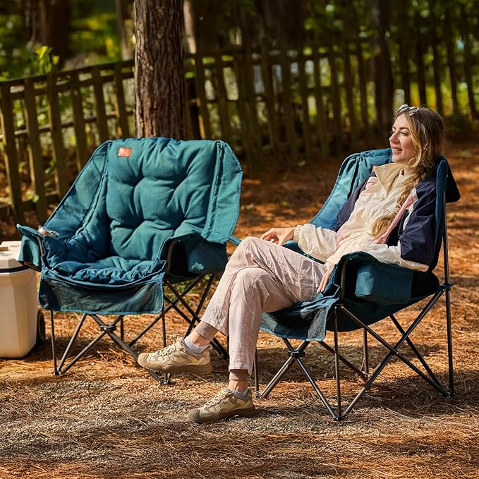 EVER ADVANCED XL Camping Chair with Detachable Cushion Mesh Chair for Adults Foldable Oversized Heavy Duty Folding Chair with Cooler Mesh Pocket Cupholder Outdoor Fishing Supports 400LBS Green