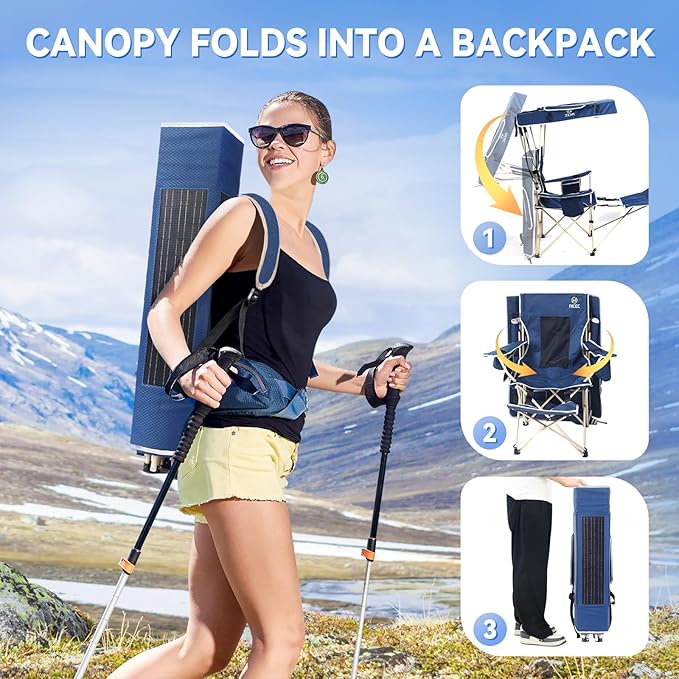 CDEN Canopy Chair Camping Chair with Canopy Chair with Shade Beach Chair USB Type-C DC outlets for Phone provided 30W Output with Solar Panel footrest (2 Pack)
