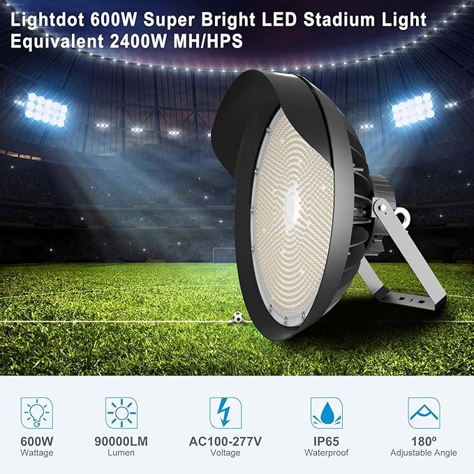 Lightdot Led Stadium Light Outdoor 600W Flood Lighting 90000lm Super Bright Commercial Area IP65 Waterproof High Mast Lighting for Sport Fields and Courts-2Pack