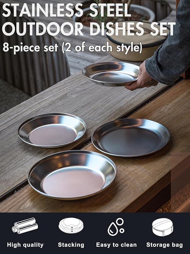 CAMPINGMOON Camping Plates 8 pack set Salad Side Dinner Plate Dishes Outdoor Tableware Stainless Steel with Canvas Case S397-2S