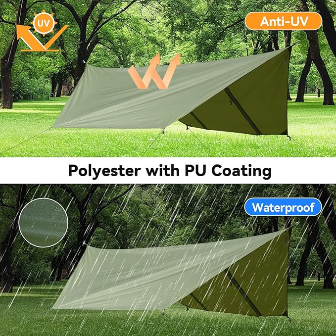 Hammock Rain Fly Tent Tarp (11.5x9.5ft) Large Ultralight Camping Tarps Waterproof Portable Backpacking Multifunctional Rain Cover for Outdoor Hiking Picnic Hammock Car Backpacking