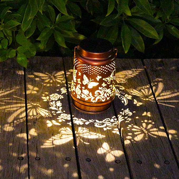 2 Pack Solar Butterfly Lanterns Outdoor Hanging Decor LanternWaterproof Hollow Out Retro Metal Decorative Garden LightGraceful Decoration for PatioYardLandscapeFestival