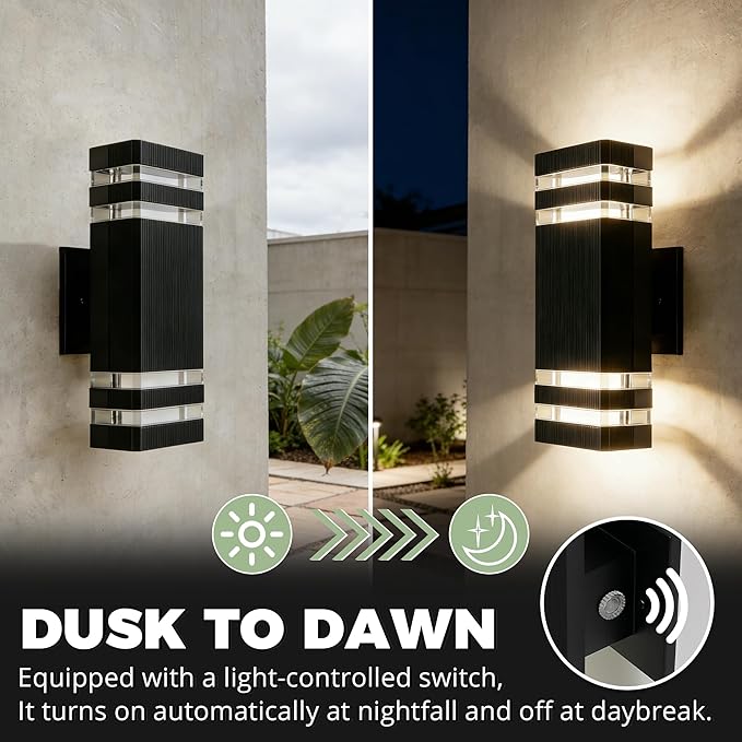 Dusk to Dawn Outdoor LightingSquare Aluminum Up and Down Exterior Lighting Fixtures Wall Mount with 2 * 7W LED Bulbs 3000K Waterproof Outdoor Wall Lights for House Porch Patio Garage Black
