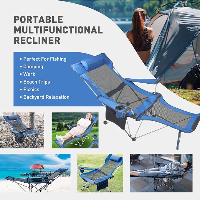 Reclining Folding Camping Chair with Removabel Footrest Adjustable Folde Camping Chair with Foot Rest Camp Lounge Outdoor Beach Chair Mesh Reclining Design with Pillow Cup Holder Blue Mesh
