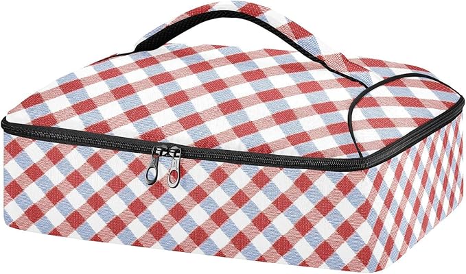 Casserole Carrier Red and Blue SquaresInsulated Casserole Carrier for Hot or Cold Food Thermal Lunch Tote for Potluck Parties Picnic Beach Fits 9 x 13 Inches Baking Dish