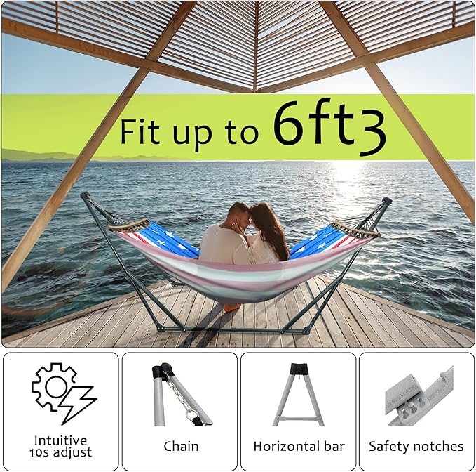 Tranquillo Sturdy Steel Hammock with Stand Premium Cotton Canvas Hammock 600 lbs Capacity Hammock Stand Folding Portable 30-Second Fold Unfold for Camping American Flag