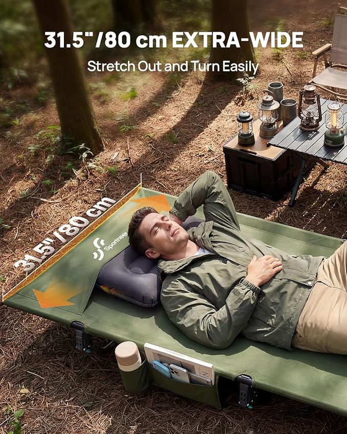 Sportneer Camping Cot 31.5'' Extra Wide Army Green Compact Folding Cot with Side Pocket &amp Carry Bag Lightweight Portable Outdoor Bed for Adults Camping Home Travel