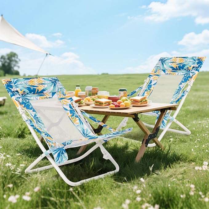 Giantex 2-Pack Folding Beach Chair Low Lawn Chairs with Padded Head Pillow Mesh Back Cup Holder and Armrests Portable Outdoor Lounge Chair for Camping Sunbathing Picnic Fishing