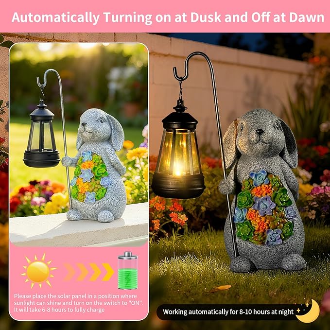 Solar Rabbit Garden Statue with Lantern – Waterproof Resin Outdoor Decor for Yard Lawn Patio Garden – Gift for Easter Christmas Housewarming – Solar Garden Decor