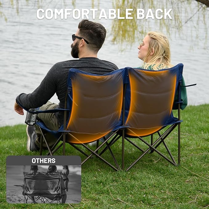 Timber Ridge 2 Person Folding Loveseat Comfortable Double Foldable Camping Chair Folding Lawn Chairs for Outside Blue