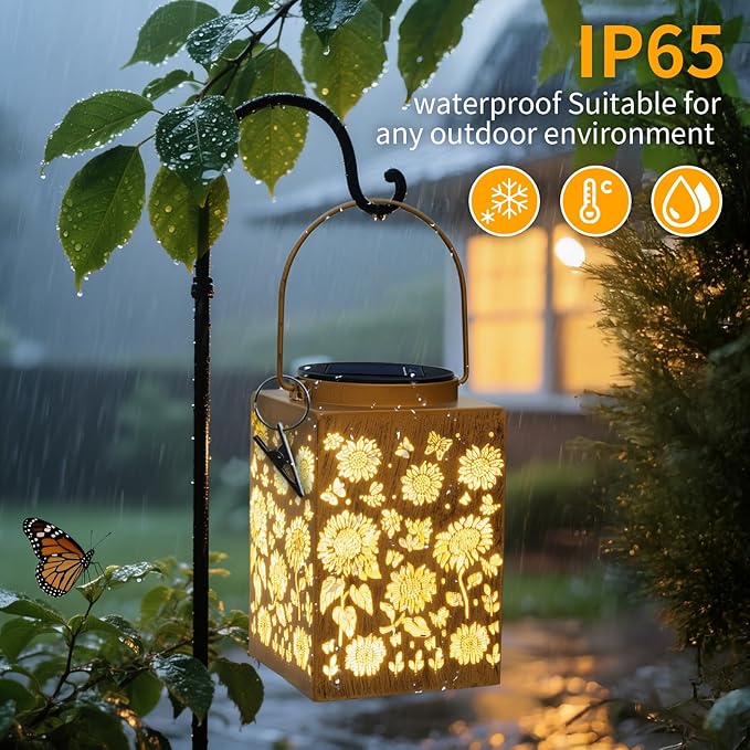 2 Pack Solar Lanterns - Waterproof Metal Hanging Solar Lights Outdoor Decorative Solar Powered LED Lamp for Patio Tabletop Porch Deck Yard Garden Decor for Outside (Sunflower)