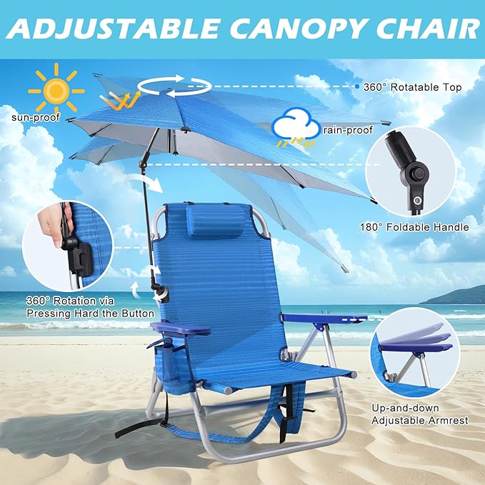 Beach Chair Backpack Chairs for Adults with Adjustable Umbrella Folding Beach Chairs with Storage PouchCup Holder &amp Towel Rack Adjustable Lounge Chair for Seaside（2pcs/Blue）