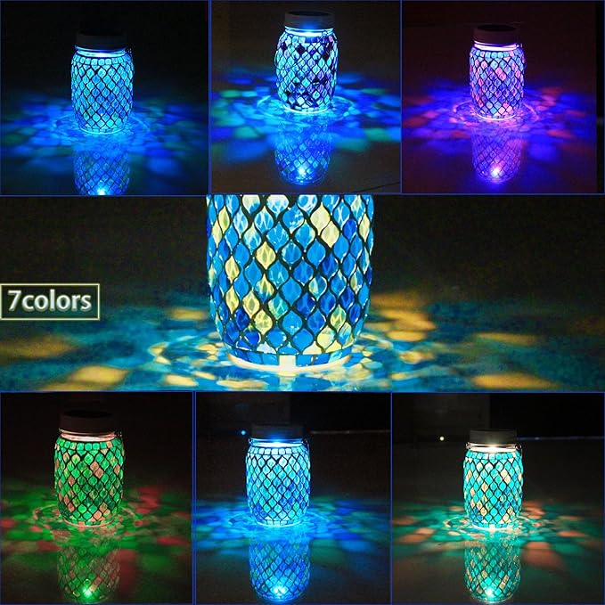 Solar Mosaic Lights - 12 Color Changing LED 4 Lighting Modes with Remote Control Handcrafted Glass Decor Lanterns Hanging or Tabletop Decor for Garden (Bule)
