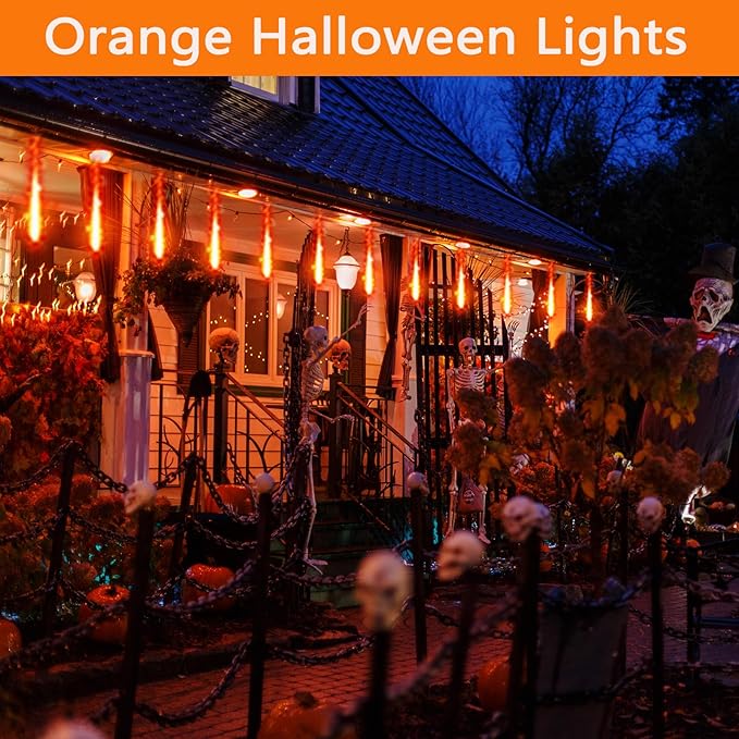 Kwaiffeo Outdoor Halloween Decorations 24 Tubes Meteor Shower Lights(Equivalent to 3 Sets of 8-Tube) for Halloween Decoration Outside Orange Lights for Tree Fall Autumn Decor UL Plug