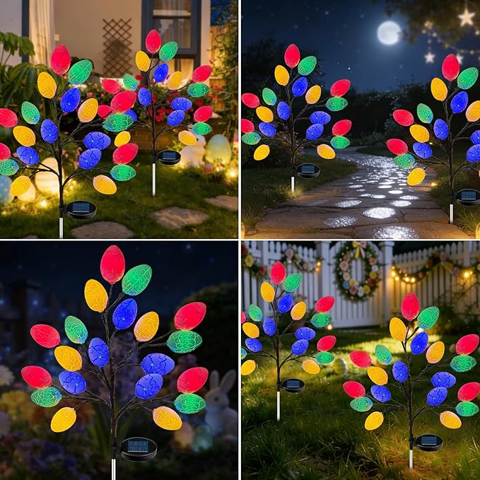 2 Pack Solar Easter Egg Lights Outdoor 40 LED Waterproof Solar Easter Yard Decorations Outdoor Easters Yard Stakes Lights with 2 Lighting Modes for Outside Lawn Walkway Patio Cemetery Grave