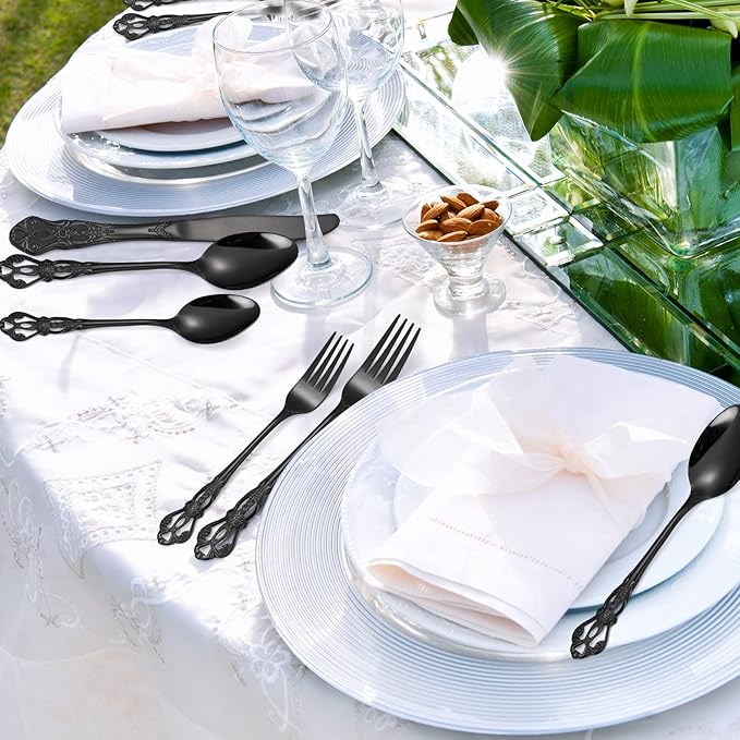 Black Silverware Royal Flatware Set for 4 Stainless Steel Cutlery Retro Antique Kitchen Utenisl with Flower Design Handle for Resturant Home Festival Parties