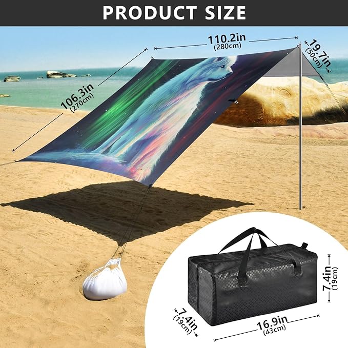 ALAZA Arctic Wolf Polar Lights Beach Tent Sun Shelter UPF50+ Protection Beach Shade Canopy w/ 4 Sandbags for Outdoor Camping Fishing Backyard Fun Picnic 10x9 ft
