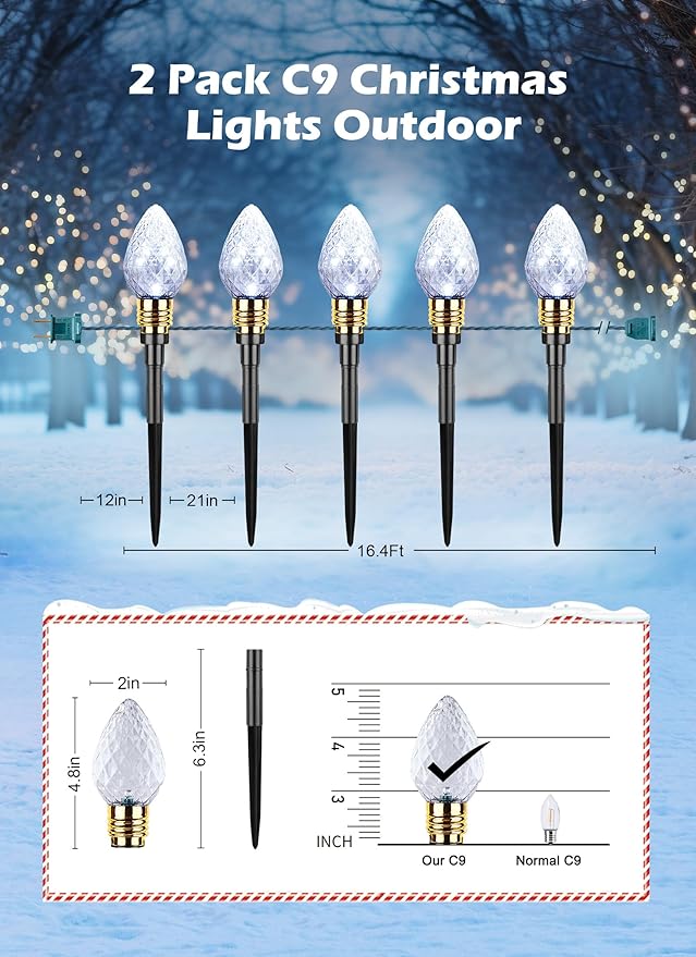 Brightown 2 Pack Strawberry C9 Christmas Pathway Lights Outdoor Total 34.8 Ft 20 C9 Pathway Lights Waterproof Connectable Christmas Walkway Light for Yard Ground Sidewalk Driveway Pure White