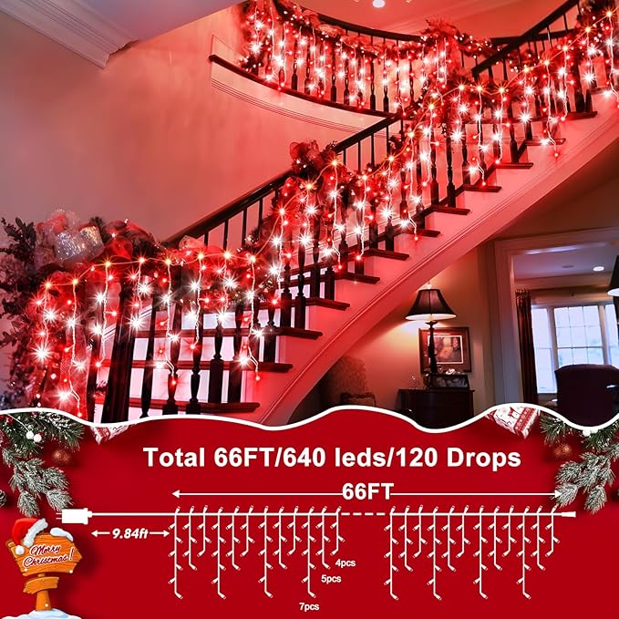 XURISEN 66ft Christmas Lights Decorations Outdoor 640 LED 8 Modes Curtain Fairy Lights with 120 DropsPlug in Waterproof Timer Memory Function for Christmas Holiday Wedding Party Decor(Red+White)