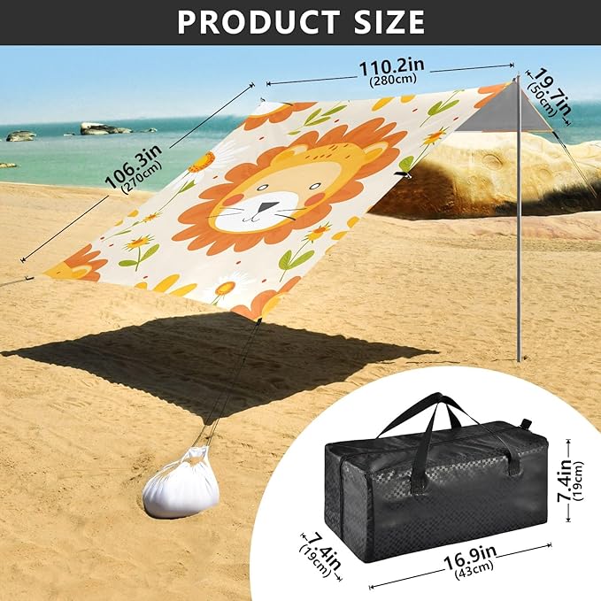 Cute Little Lion Camping Sun Shelter Beach Tent Portable Beach Sun Shade Outdoor Canopy for Camping Trips Fishing Picnic