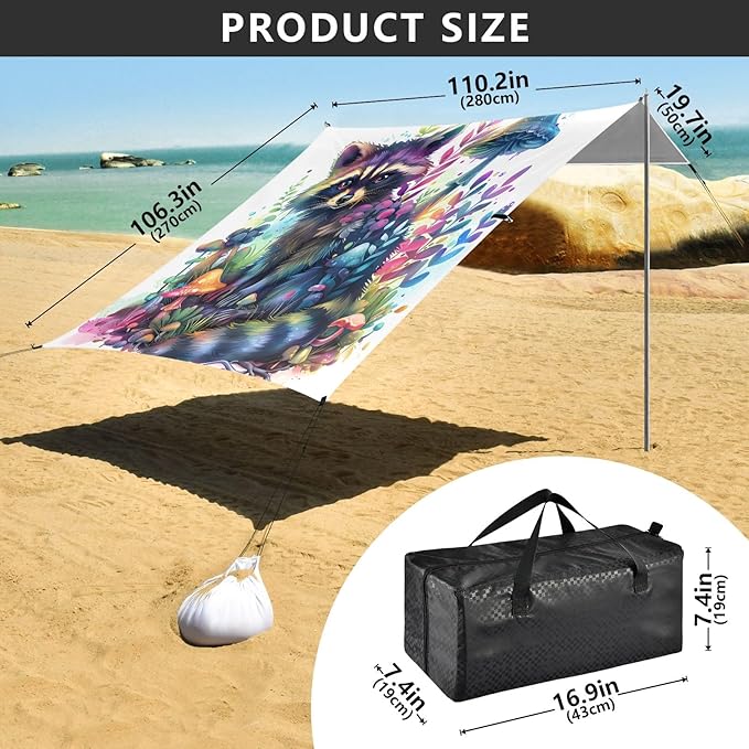 Camping Sun Shelters Beautiful Fantasy Magical Raccoon Beach Canopy 126 * 110.2in