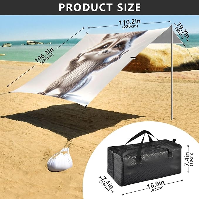 ALAZA Cute Raccoon Peace Gestures Beach Tent Sun Shelter UPF50+ Protection Beach Shade Canopy w/ 4 Sandbags for Outdoor Camping Fishing Backyard Fun Picnic 10x9 ft