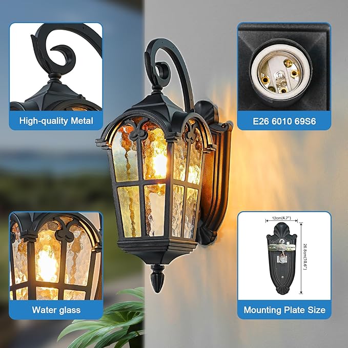 17.1'' H Aluminum Outdoor Wall Lights- Black Roman Style Waterproof &amp Anti-Rust Exterior Lighting Fixtures Hammered Outdoor Wall Lantern for Porch Doorway Garage Backyard 2 Pack