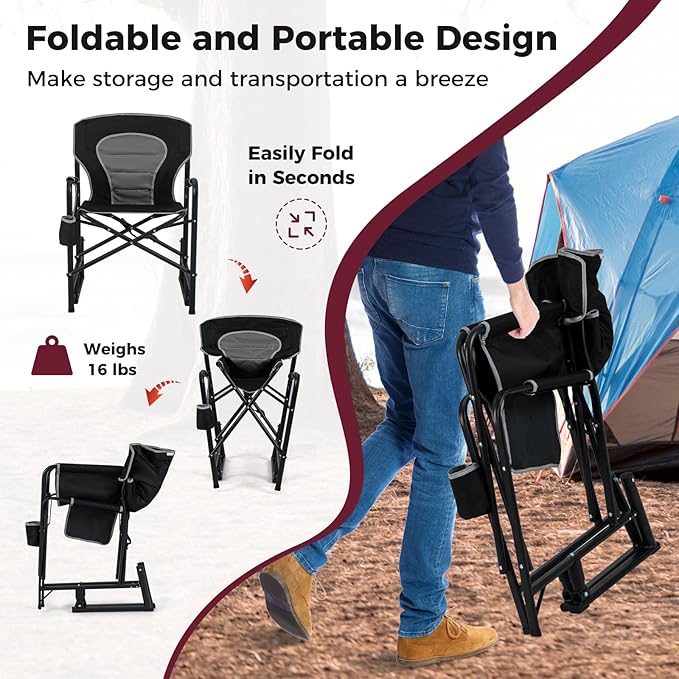 Goplus Outdoor Rocker Camping Chairs for Adults Portable Folding Chair w/Dual Springs Padded Back Cup Holder Storage Pocket Heavy-Duty Rocking Arm Chair for Beach Lawn Travel Fishing(2Black)