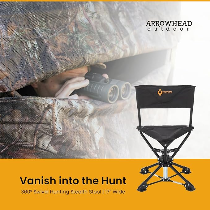 ARROWHEAD OUTDOOR 360° Degree Swivel Hunting Chair Stool Seat Perfect for Blinds No Sink Feet 450lbs Weight Capacity Carry Case Steel Frame