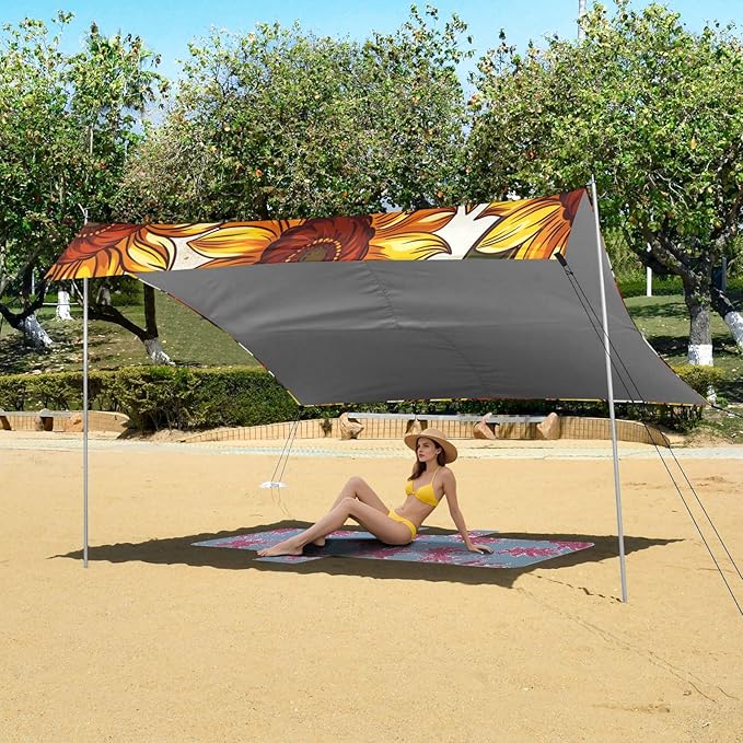 ALAZA Sunflower Red Heart Beach Tent Sun Shelter UPF50+ Protection Beach Shade Canopy w/ 4 Sandbags for Outdoor Camping Fishing Backyard Fun Picnic 10x9 ft