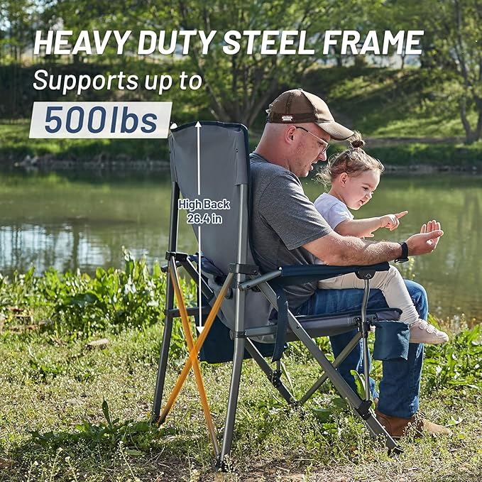 TIMBER RIDGE Oversized Folding Camping Chair with Lumbar Support Adjustable High Back Heavy Duty for Adults Support up to 500lbs with Cup Holder Cooler Bag Side Pocket Blue 2 Pack