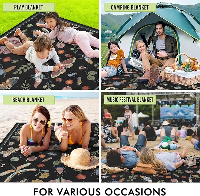 Insect Picnic Blankets Waterproof Foldable 60″X80″ Packable Picnic Mat Boho Outdoor Blanket for Grass Large Beach Blanket Sandproof Picnic Accessories for Camping Music Festival Park Lawn Travel