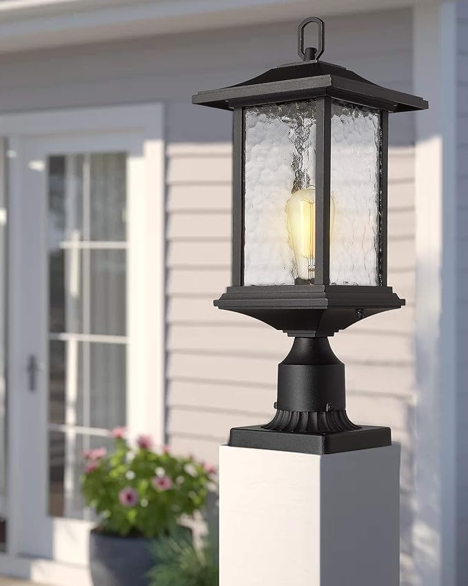Beionxii Dusk to Dawn Outdoor Post Lights 21inch Large Exterior Lamp Post Light Pier Mount Lantern with Base Black Cast Aluminum w/Water Glass - A272P-1PK (NOT Solar 110-120V AC)
