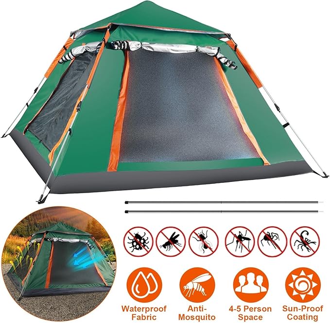 JHshop 4-5 Person Camping Instant Pop Up Tent 2/4/5Person Easy Setup for Camping Hiking and Outdoor Portable Beach Tent - Beach Tent Sun Shelter Outdoor Tent - Green