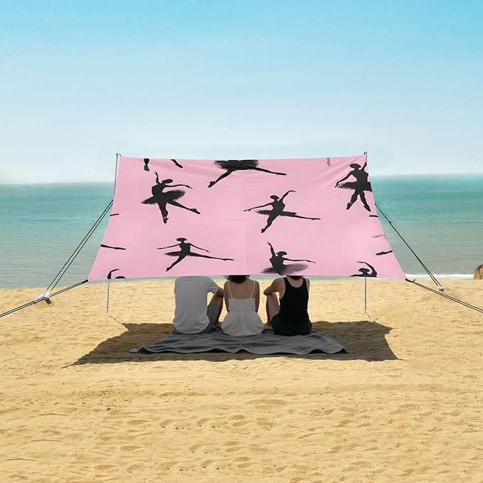 Ballet Dancer Black Silhouette Pattern Camping Sun Shelter Beach Tent Portable Beach Sun Shade Outdoor Canopy for Camping Trips Fishing Picnic