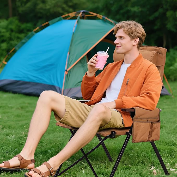 Camping Chairs for Adults-Adjustable 95°-135° Hign Back Heavy Duty Folding Lawn Chairs with Detachable Headrest Side Pocket Hold Up 300 Lbs Yellow