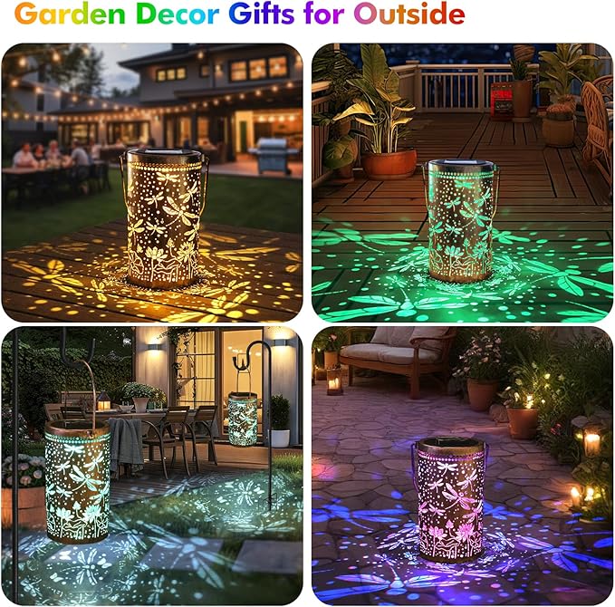 Fabuday Dragonfly Gifts Outdoor Solar Lantern Waterproof - Hanging Solar Power 8 Color Light Led for Outside Garden Decor for Patio Porch Balcony Yard and Deck Gardening Gifts for Women 2 Pack
