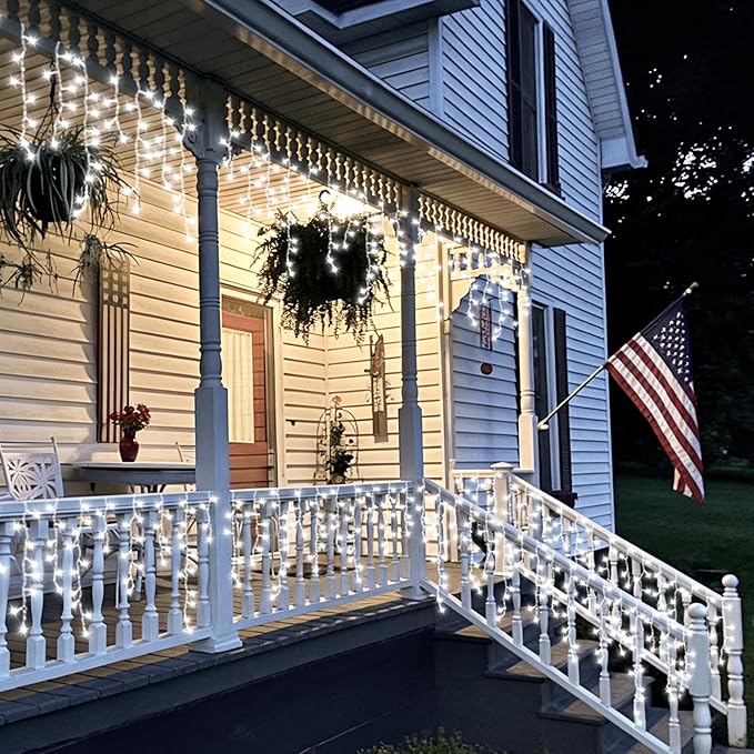 QITONG Icicle Lights for Outside 66ft 800 LED String Lights Plug in with 8 Modes Connectable White Icicle Christmas Light Clear Wire Indoor