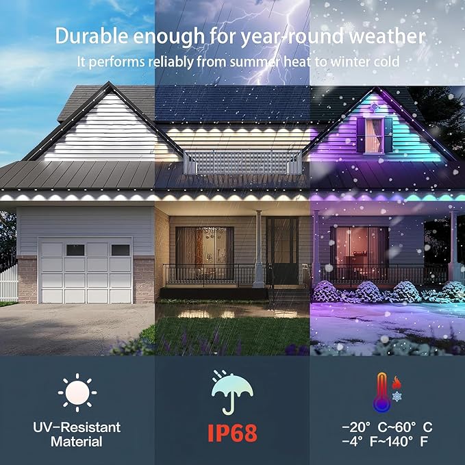 Permanent Outdoor Lights 100FT 60LEDs RGBWC+IC Smart LED Strip with 50+ Scene Modes IP68 Waterproof App &amp Remote Control for Christmas Holiday Roof and Pool Party Decor